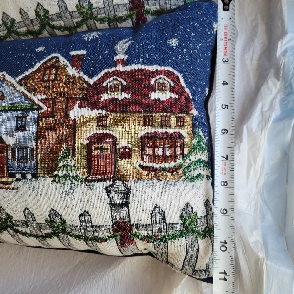 Two Christmas-Themed Tapestry Pillows Snowy Landscape Rectangle Blue Houses VTG